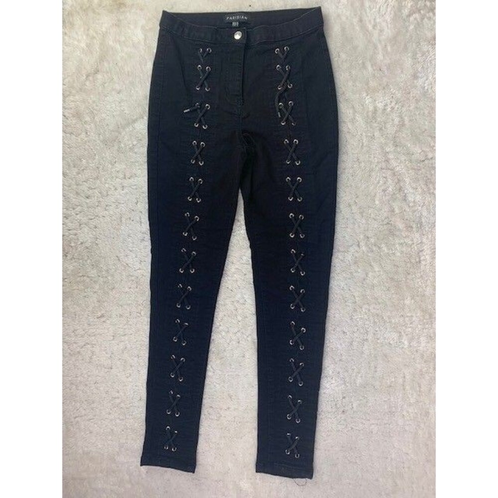 Parisian Size 6 Womens Jeans Laced Front Stretch Black Mid Rise Skinny